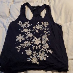 INC Navy Blue Tank Silver Sequin Flowers Large
